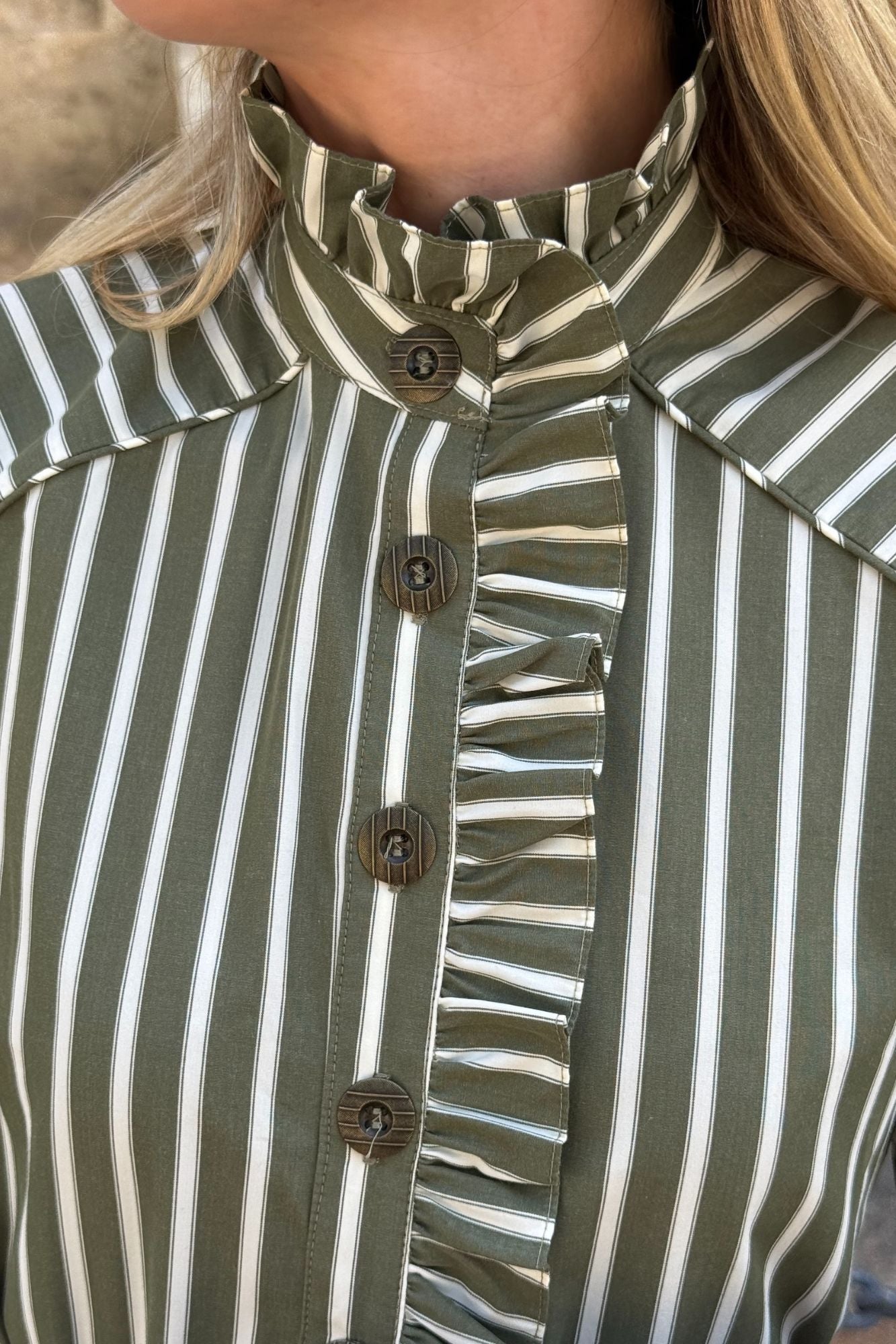 GREEN STRIPED RUFFLE SHIRT