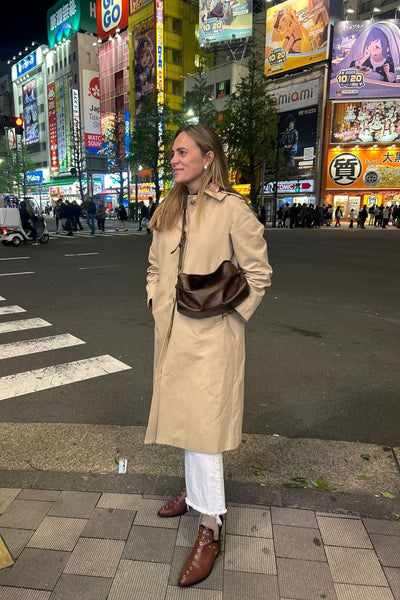 CAMEL TRENCH COAT WITH BRAIDED COLLAR