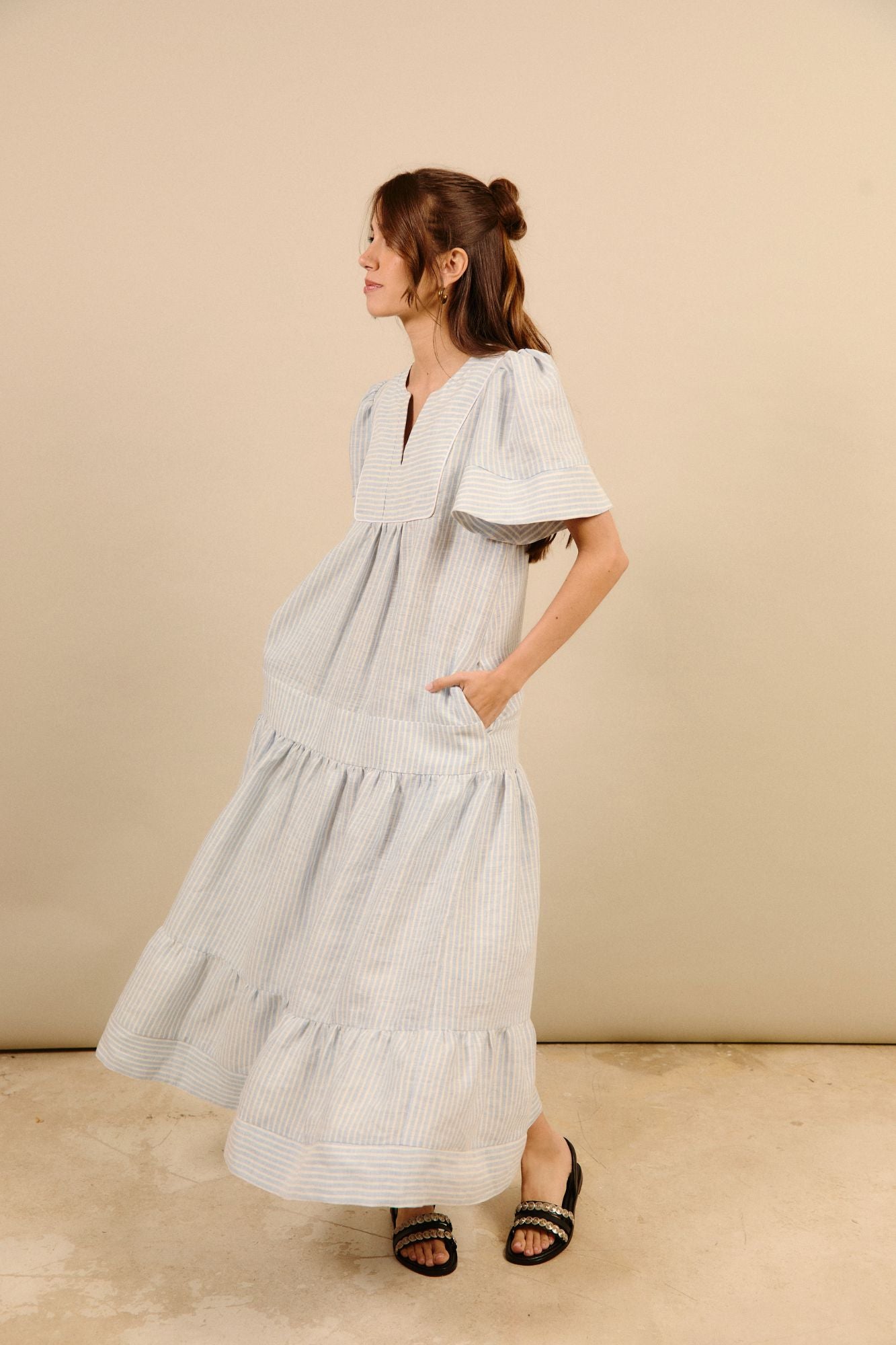 VESTIDO LINO RAYAS AZUL