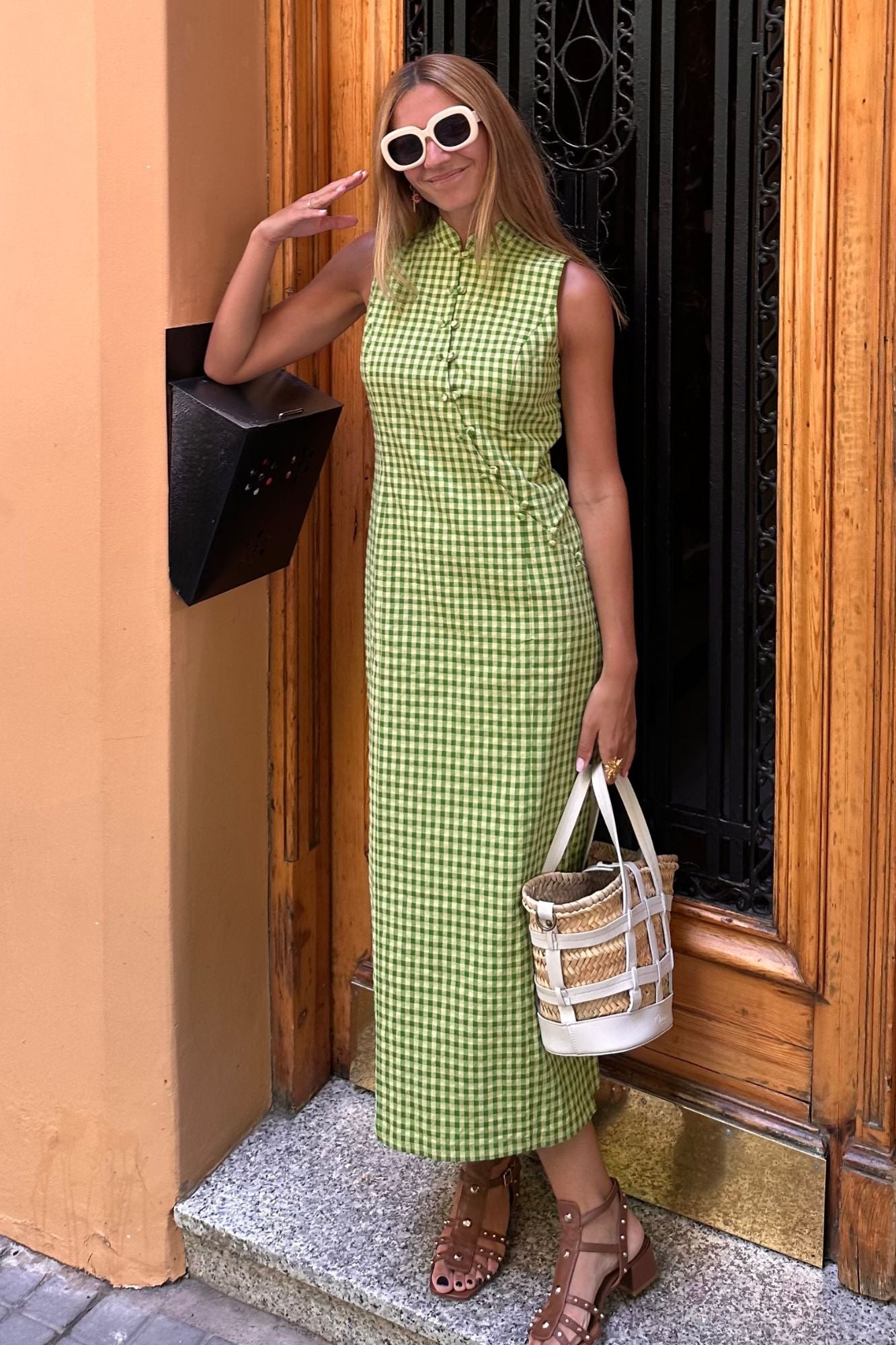 VESTIDO BOTONES CRUZADO VICHY VERDE